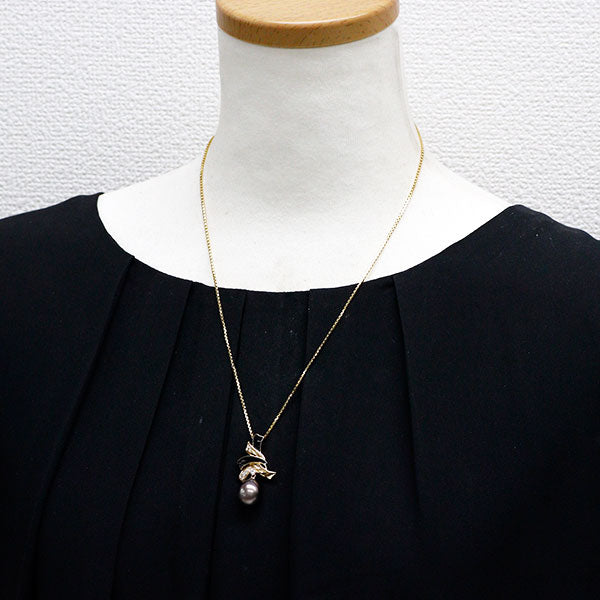 田崎真珠 エナメル/K18YG 黒蝶真珠 ダイヤモンド ペンダントネックレス 径約11.1mm D0.11ct