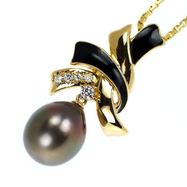 田崎真珠 エナメル/K18YG 黒蝶真珠 ダイヤモンド ペンダントネックレス 径約11.1mm D0.11ct