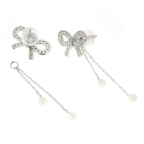 Pt900/ K14WG ダイヤモンド アコヤベビーパール ピアス 0.32ct 径約3.0mm リボン
