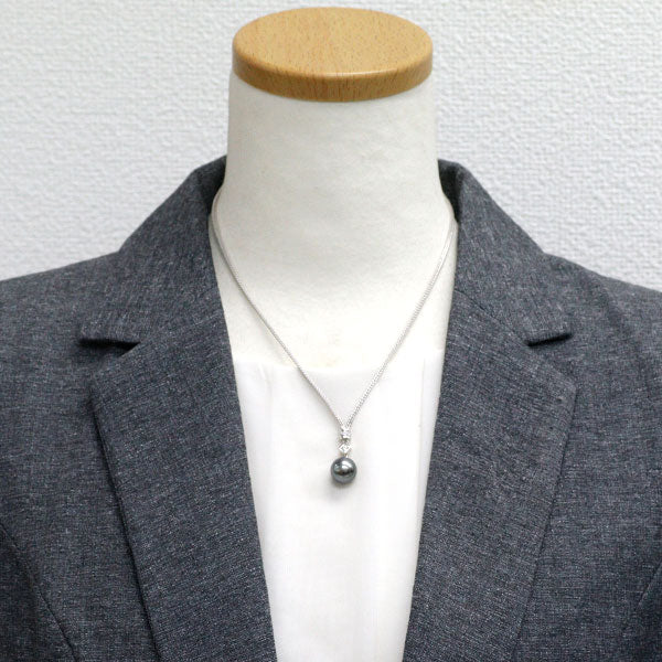 田崎真珠 Pt900/K18WG 黒蝶真珠 ダイヤモンド ペンダントネックレス 11.2mm D0.10ct