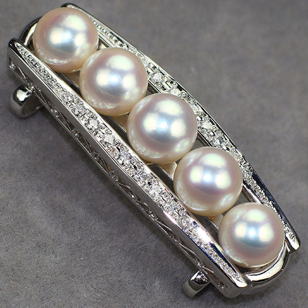 Pt900 アコヤ 真珠 ダイヤモンド 帯留め 径約8.0-8.5mm D0.34ct