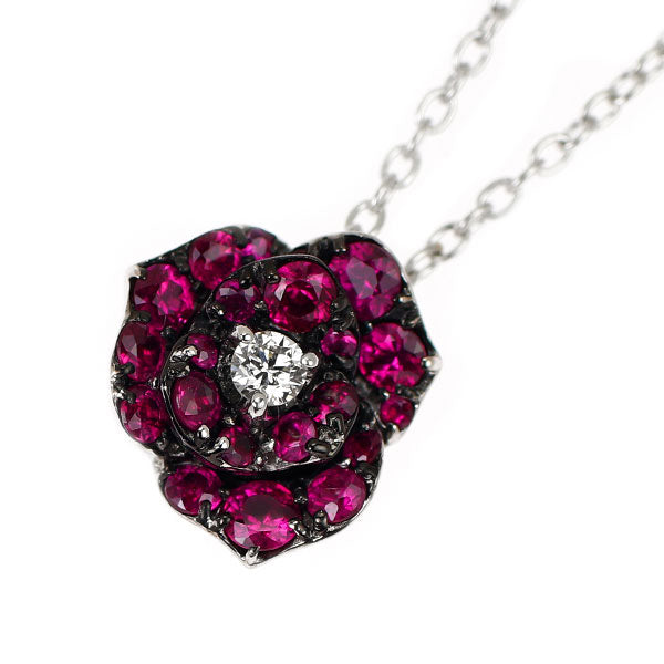 ブラックコーティング/ K18WG ダイヤモンド ルビー ペンダントネックレス 0.04ct R0.40ct フラワー
