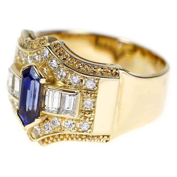 K18YG ロングヘキサゴンカット サファイア ダイヤモンド リング 1.11ct D0.65ct