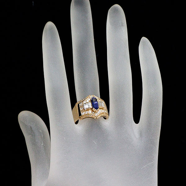 K18YG ロングヘキサゴンカット サファイア ダイヤモンド リング 1.11ct D0.65ct