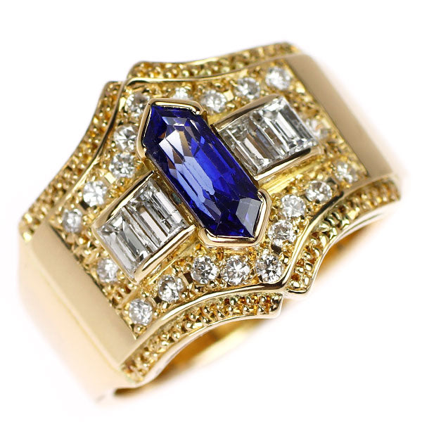K18YG ロングヘキサゴンカット サファイア ダイヤモンド リング 1.11ct D0.65ct