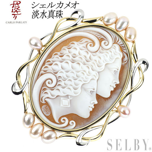 カルロ・パルラーティ K18YG/Pt900 シェルカメオ 淡水真珠 ブローチ兼