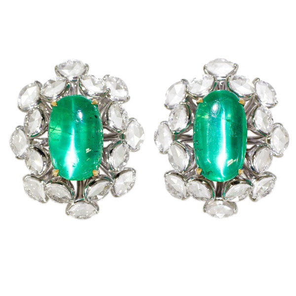 K18YG/WG コロンビア産 エメラルドキャッツアイ ダイヤモンド ピアス 4.52ct D1.46ct