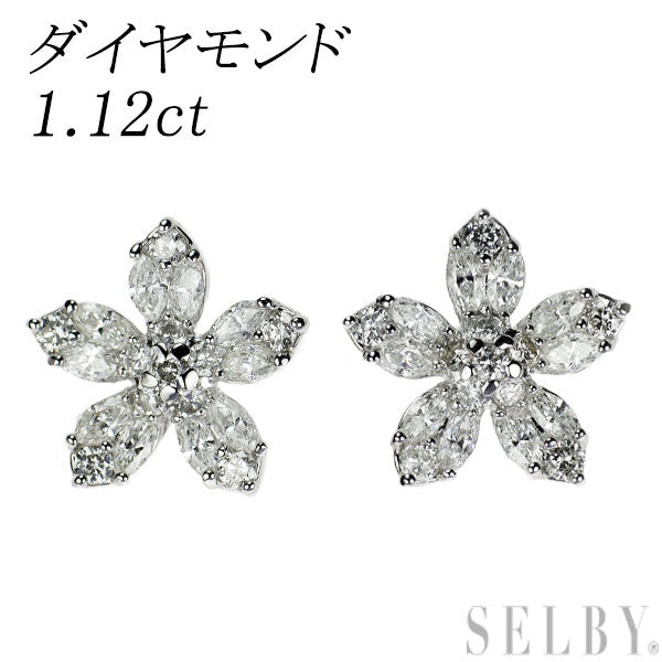 K18WG ダイヤモンド ピアス 1.12ct フラワー