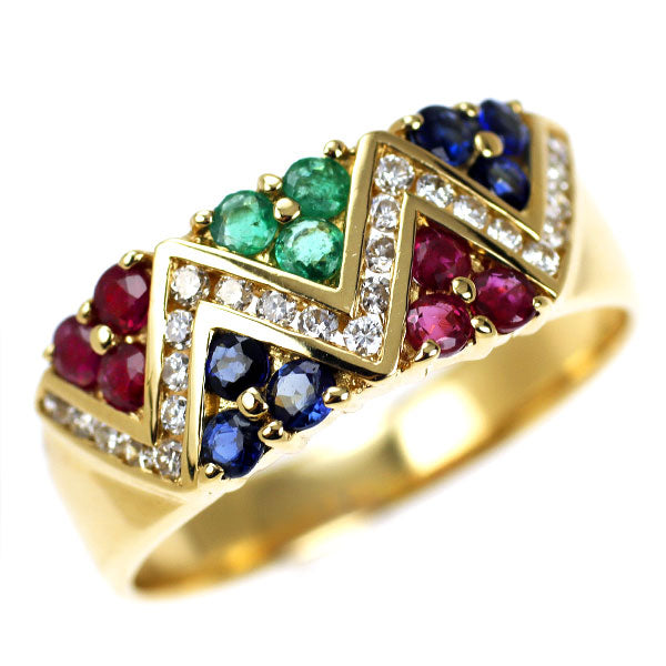 K18YG ルビー サファイア エメラルド ダイヤモンド リング 0.70ct D0