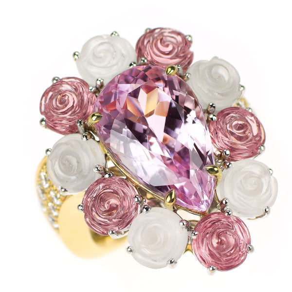 ジュエルスタジオ K18YG/WG クンツァイト クオーツ ピンクトルマリン ダイヤモンド リング 8.21 Q4.20ct T4.04ct D0.47ct フラワー