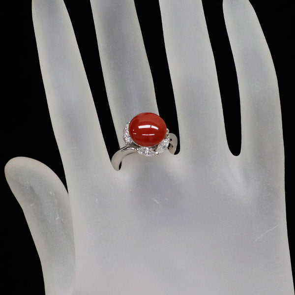 Pt900 珊瑚 ダイヤモンド リング 径約10.8mm D0.55ct