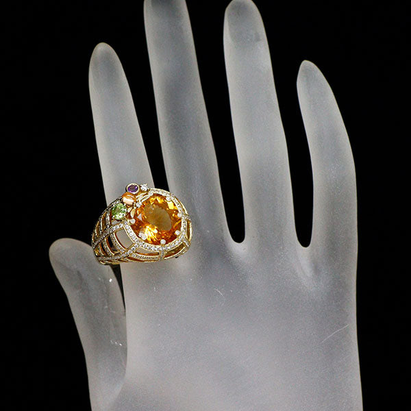 K18YG シトリン ダイヤモンド アメジスト ペリドット リング 8.60ct D1.55ct