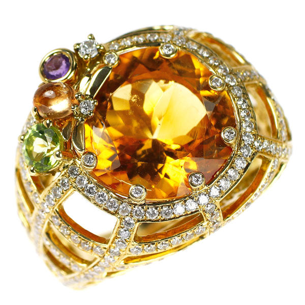 K18YG シトリン ダイヤモンド アメジスト ペリドット リング 8.60ct D1.55ct