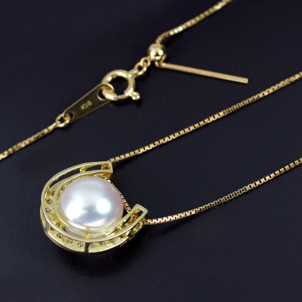 K18YG アコヤ真珠 ダイヤモンド ペンダントネックレス 径約 9.3mm 0.27ct 馬蹄
