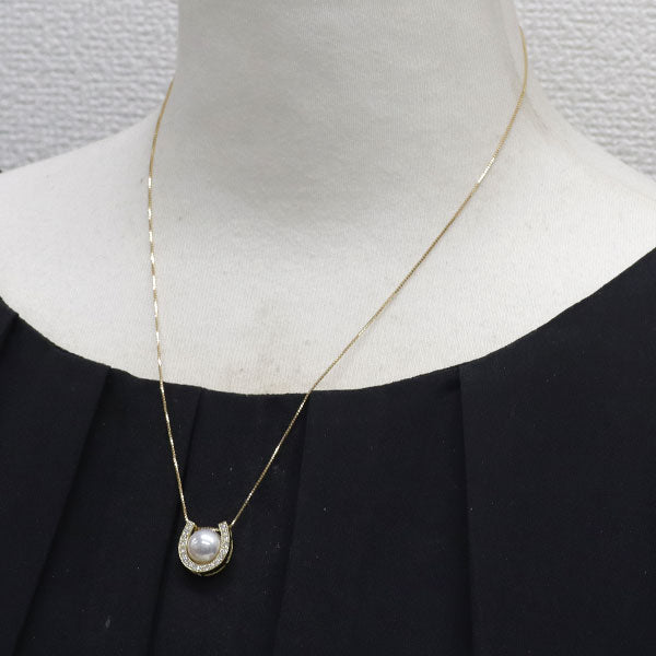 K18YG アコヤ真珠 ダイヤモンド ペンダントネックレス 径約 9.3mm 0.27ct 馬蹄