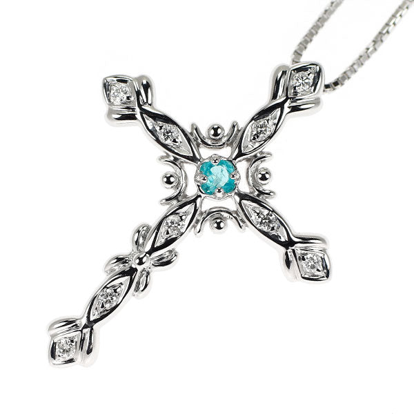 K18WG パライバトルマリン ダイヤモンド ペンダントネックレス 0.04ct D0.10ct クロス
