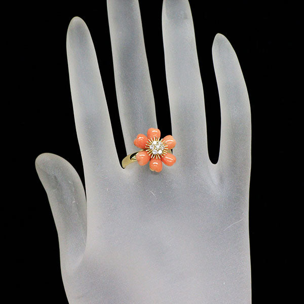 K18YG 珊瑚 ダイヤモンド リング D0.18ct フラワー