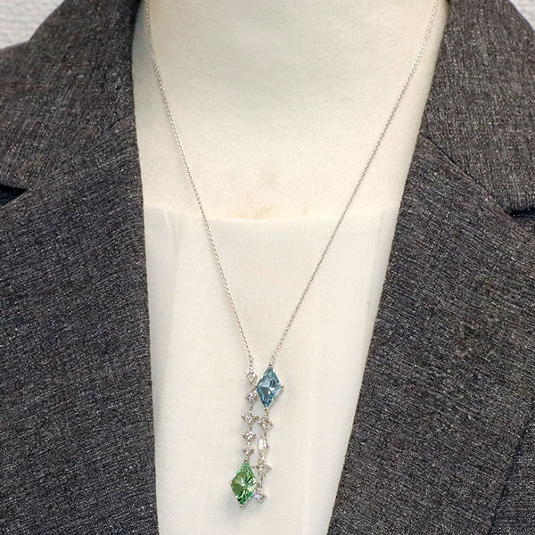 ミキモト K18WG ロゼンジシェイプ グロッシュラーガーネット アクアマリン ダイヤモンド ネックレス 3.18ct 2.05ct D1.22ct 《セルビー銀座店》【中古】