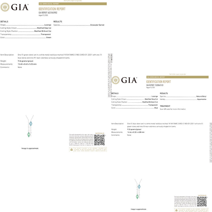 ミキモト K18WG ロゼンジシェイプ グロッシュラーガーネット アクアマリン ダイヤモンド ネックレス 3.18ct 2.05ct D1.22ct 《セルビー銀座店》【中古】