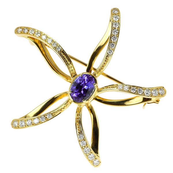 ミキモト K18YG タンザナイト ダイヤモンド ブローチ 1.45ct D0.58ct フラワー
