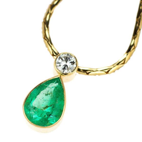 K18YG ペアシェイプ エメラルド ダイヤモンド ペンダントネックレス 1.56ct D0.26ct