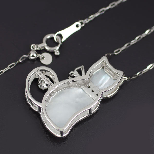 K18WG シェル ダイヤモンド ペンダントネックレス D0.12ct 猫 アニマル