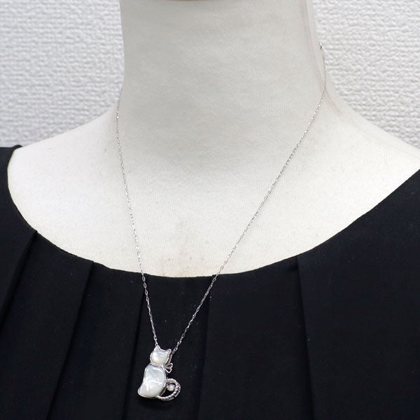 K18WG シェル ダイヤモンド ペンダントネックレス D0.12ct 猫 アニマル