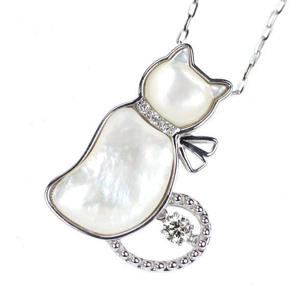 K18WG シェル ダイヤモンド ペンダントネックレス D0.12ct 猫 アニマル