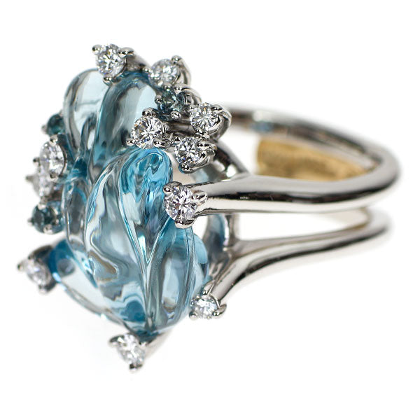 ブルースハーディング Pt900/ K18YG カービングアクアマリン サファイア ダイヤモンド リング 9.34ct S0.15ct D0.49ct