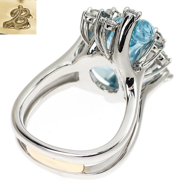 ブルースハーディング Pt900/ K18YG カービングアクアマリン サファイア ダイヤモンド リング 9.34ct S0.15ct D0.49ct