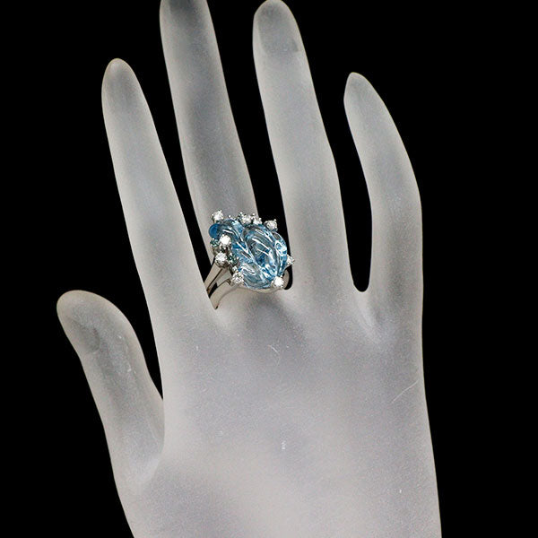 ブルースハーディング Pt900/ K18YG カービングアクアマリン サファイア ダイヤモンド リング 9.34ct S0.15ct D0.49ct