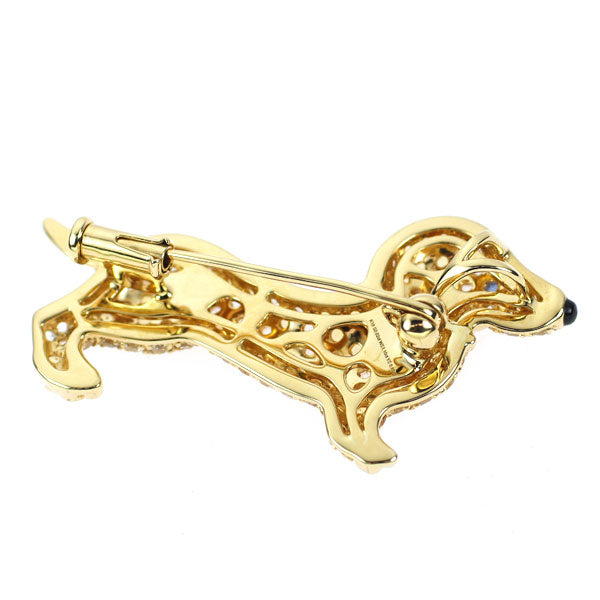 K18YG マルチカラーサファイア オニキス ブローチ兼ペンダントトップ S0.02ct WS1.10ct YS0.85ct 犬