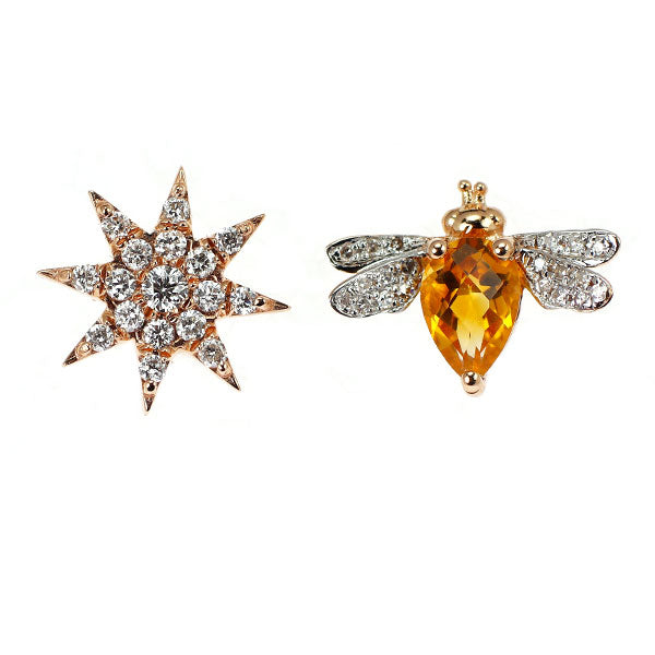 BEE GODDESS(ビーゴデス)  K14PG/WG シトリン ダイヤモンド ピアス D0.17ct アシンメトリー 蜂の女神/ヴィーナススター