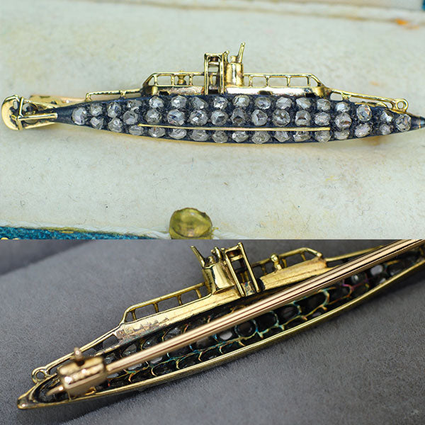 K12/K15 オールドカット ダイヤモンド ブローチ 潜水艦モチーフ 第一次世界大戦期頃 英国製【ヒスコレ】