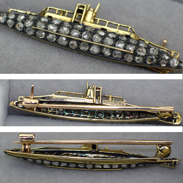 K12/K15 オールドカット ダイヤモンド ブローチ 潜水艦モチーフ 第一次世界大戦期頃 英国製【ヒスコレ】