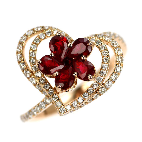 K18PG ルビー ダイヤモンド リング 0.87ct D0.43ct ハート
