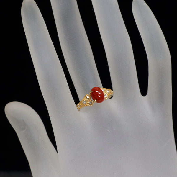 K18YG 珊瑚 ダイヤモンド リング 1.26ct D0.11ct