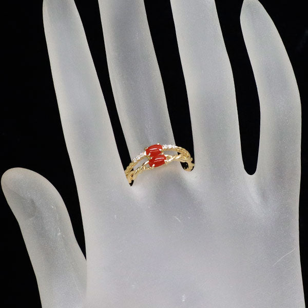 K18YG 珊瑚 ダイヤモンド リング 0.37ct D0.03ct