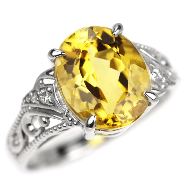 K18WG イエローベリル ダイヤモンド リング 3.84ct D0.04ct