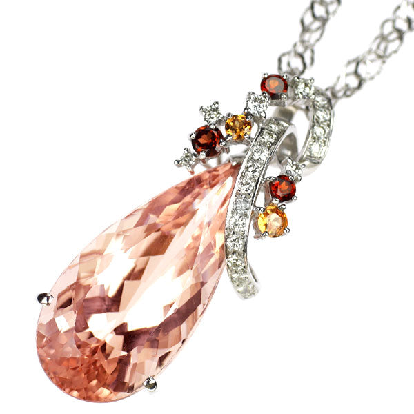 K18WG モルガナイト ガーネット ダイヤモンド ペンダントネックレス 17.08ct G0.52ct D0.36ct