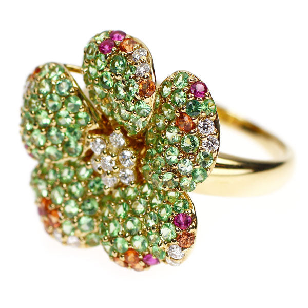 K18YG グロッシュラーライトガーネット ルビー オレンジサファイア ダイヤモンド リング 1.30ct R0.10ct OS0.18ct D0.20ct フラワー