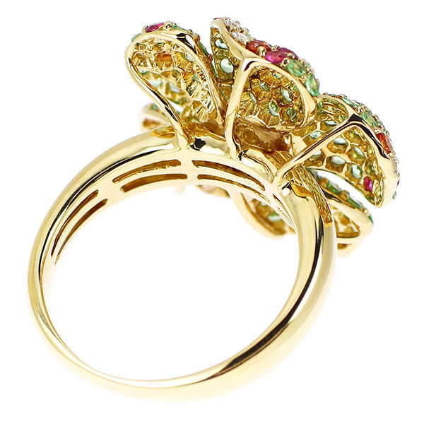 K18YG グロッシュラーライトガーネット ルビー オレンジサファイア ダイヤモンド リング 1.30ct R0.10ct OS0.18ct D0.20ct フラワー