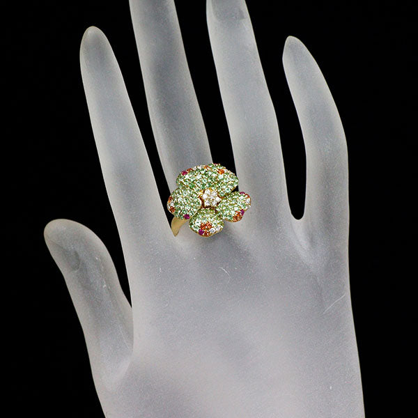 K18YG グロッシュラーライトガーネット ルビー オレンジサファイア ダイヤモンド リング 1.30ct R0.10ct OS0.18ct D0.20ct フラワー