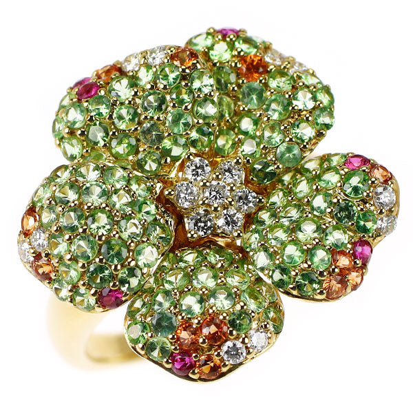 K18YG グロッシュラーライトガーネット ルビー オレンジサファイア ダイヤモンド リング 1.30ct R0.10ct OS0.18ct D0.20ct フラワー