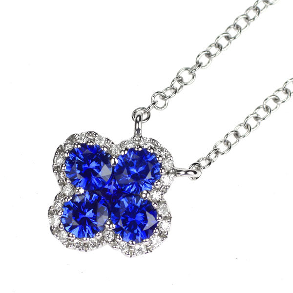 K18WG サファイア ダイヤモンド ペンダントネックレス 0.76ct D0.37ct クローバー