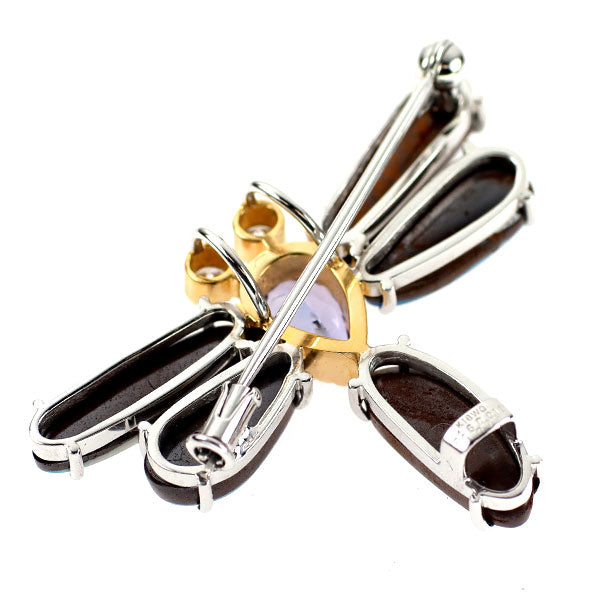 金メッキ/K18WG/K14WG ボルダーオパール タンザナイト ダイヤ ブローチ兼ペンダントトップ  6.46ct TZ0.70ct D0.11ct トンボ