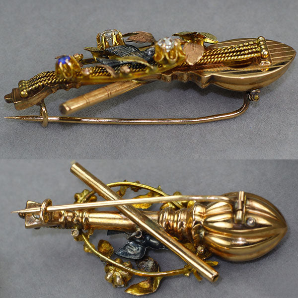 K12/K20 オールドカット ダイヤモンド ガラス ブローチ 1880年代頃 英国ヴィクトリアン アンティーク 鳥と花 ジャポニスム 多色金　【ヒスコレ】