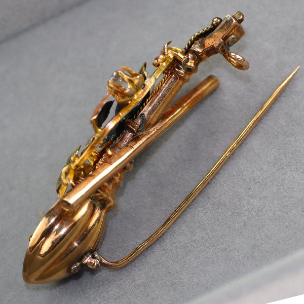 K12/K20 オールドカット ダイヤモンド ガラス ブローチ 1880年代頃 英国ヴィクトリアン アンティーク 鳥と花 ジャポニスム 多色金　【ヒスコレ】