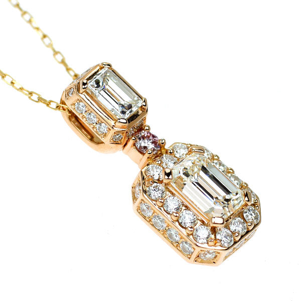 希少 K18YG エメラルドカット ダイヤモンド 天然ピンク/カラーレスダイヤモンド ネックレス 1.031ct H VS1 PD0.059ct FPP SI2 D0.95ct