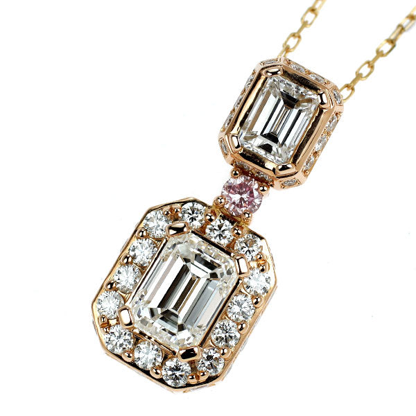 希少 K18YG エメラルドカット ダイヤモンド 天然ピンク/カラーレスダイヤモンド ネックレス 1.031ct H VS1 PD0.059ct FPP SI2 D0.95ct